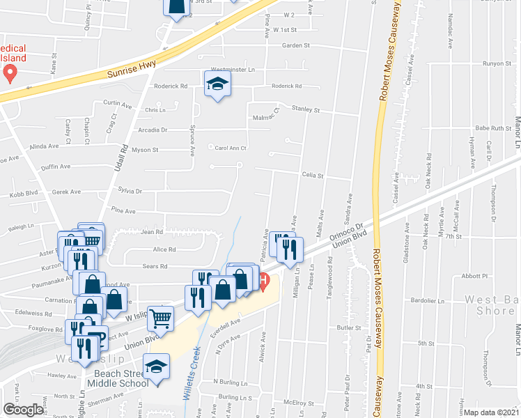 map of restaurants, bars, coffee shops, grocery stores, and more near 1158 Patricia Avenue in West Islip