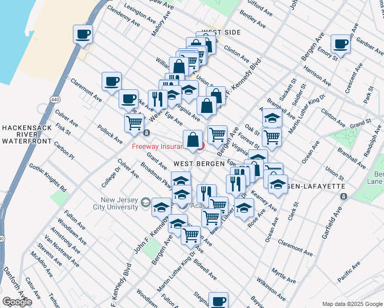 map of restaurants, bars, coffee shops, grocery stores, and more near in Jersey City