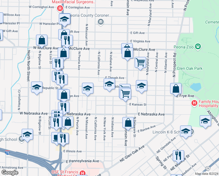 map of restaurants, bars, coffee shops, grocery stores, and more near 608 East Republic Street in Peoria