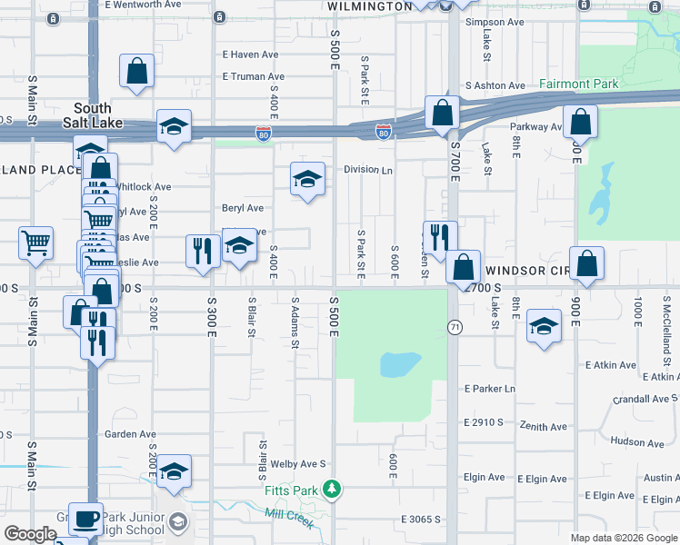 map of restaurants, bars, coffee shops, grocery stores, and more near 2642 Park Street East in Salt Lake City