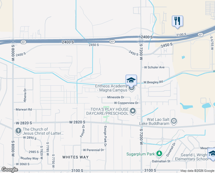 map of restaurants, bars, coffee shops, grocery stores, and more near 2611 South Lesseps Lane in Magna