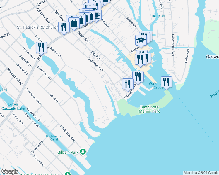 map of restaurants, bars, coffee shops, grocery stores, and more near 11 South Atlantic Street in Bay Shore
