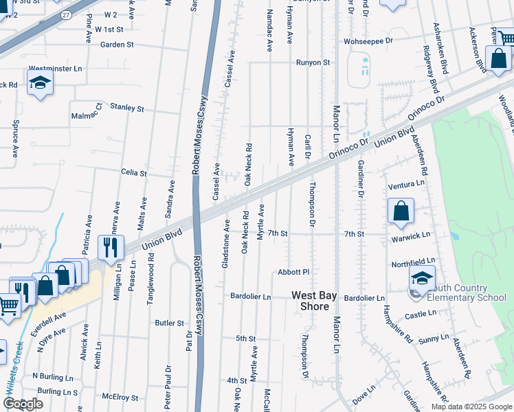 map of restaurants, bars, coffee shops, grocery stores, and more near 717 Oak Neck Road in West Islip