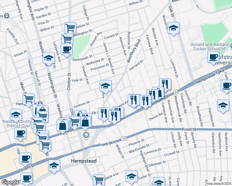 map of restaurants, bars, coffee shops, grocery stores, and more near 79 Vermont Avenue in Hempstead