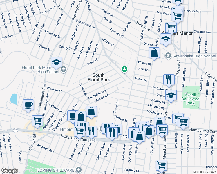 map of restaurants, bars, coffee shops, grocery stores, and more near 239 Frederick Avenue in South Floral Park