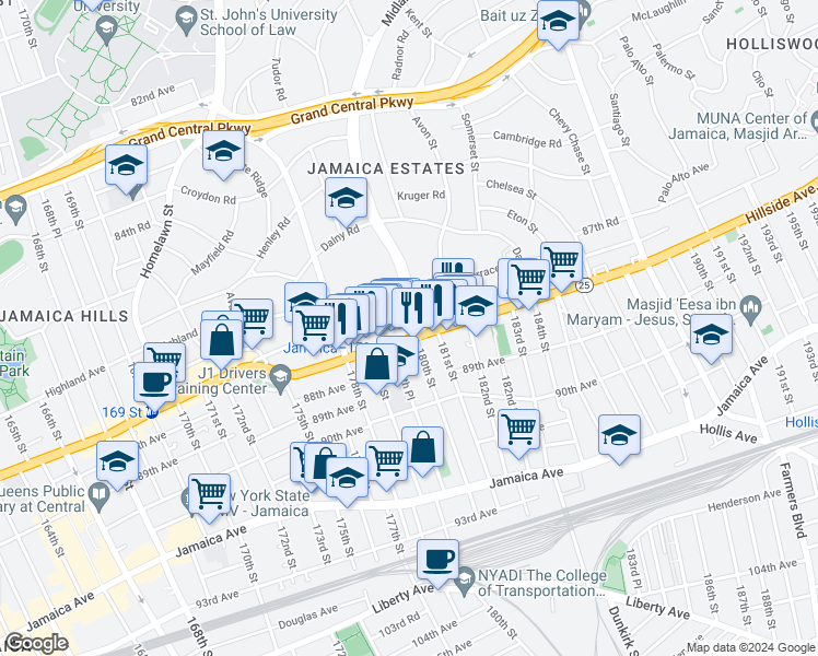 map of restaurants, bars, coffee shops, grocery stores, and more near in Queens