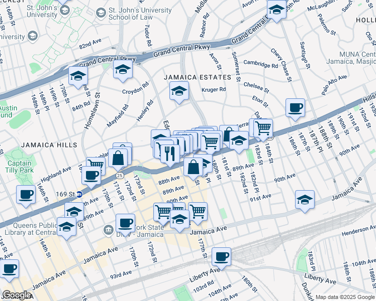 map of restaurants, bars, coffee shops, grocery stores, and more near 178-20 Hillside Avenue in Queens
