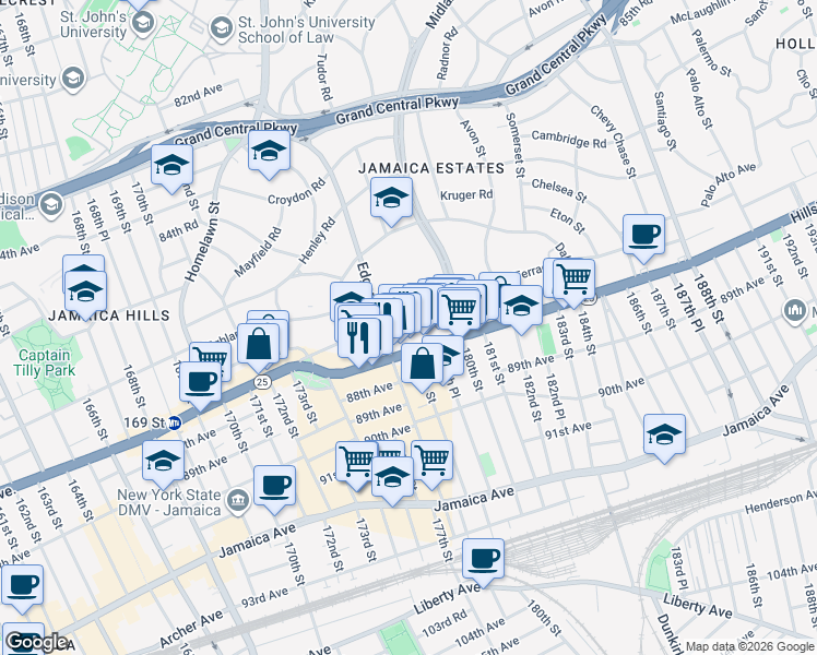 map of restaurants, bars, coffee shops, grocery stores, and more near 178-20 Hillside Avenue in Queens