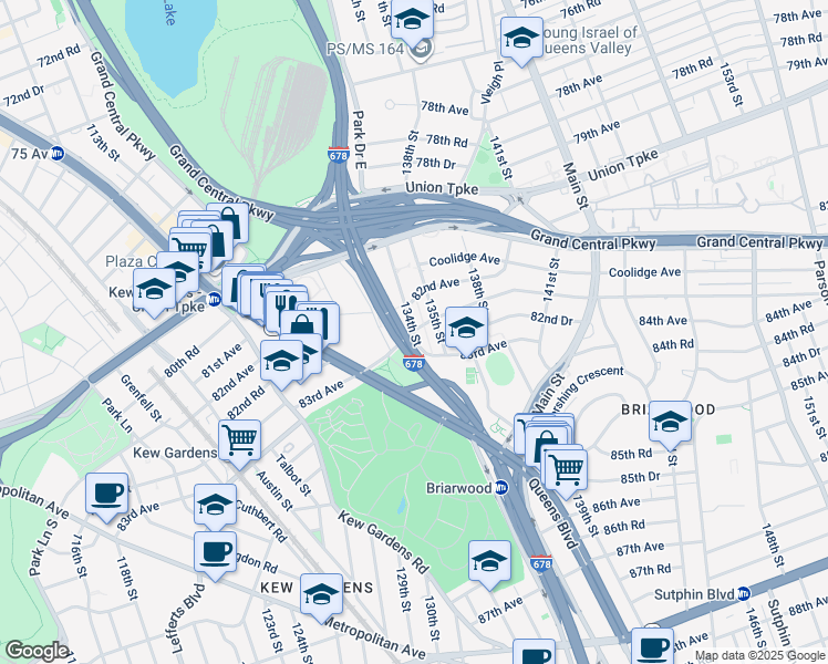 map of restaurants, bars, coffee shops, grocery stores, and more near 69 Kew Gardens Road in Queens