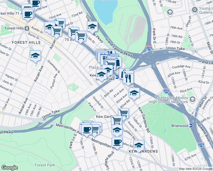 map of restaurants, bars, coffee shops, grocery stores, and more near 119-14 Union Turnpike in Queens