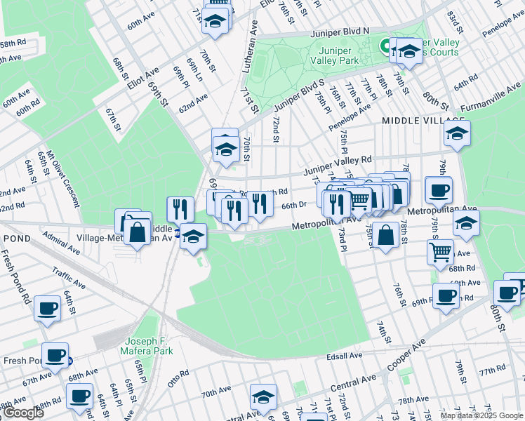 map of restaurants, bars, coffee shops, grocery stores, and more near 66-55 71st Street in Queens