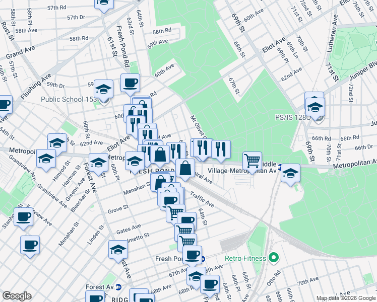 map of restaurants, bars, coffee shops, grocery stores, and more near 62-52 64th Street in Queens