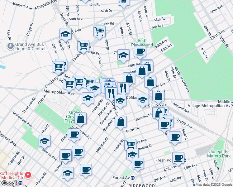 map of restaurants, bars, coffee shops, grocery stores, and more near 60-09 Metropolitan Avenue in Queens