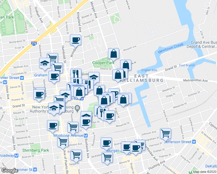 map of restaurants, bars, coffee shops, grocery stores, and more near 958 Grand Street in Brooklyn