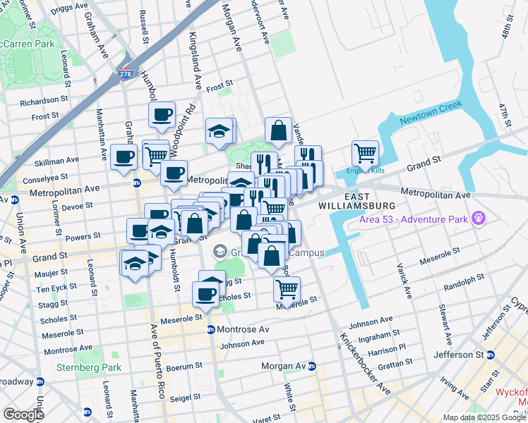 map of restaurants, bars, coffee shops, grocery stores, and more near 958 Grand Street in Brooklyn