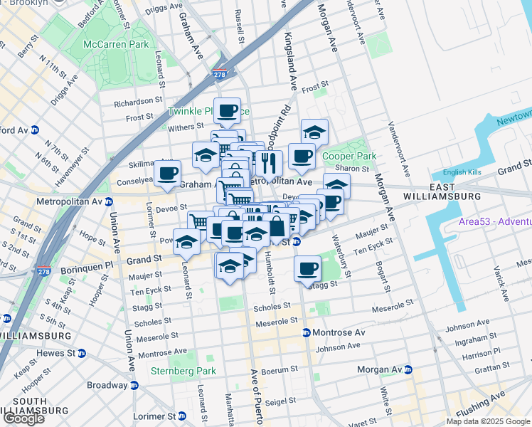 map of restaurants, bars, coffee shops, grocery stores, and more near 321A Humboldt Street in Brooklyn