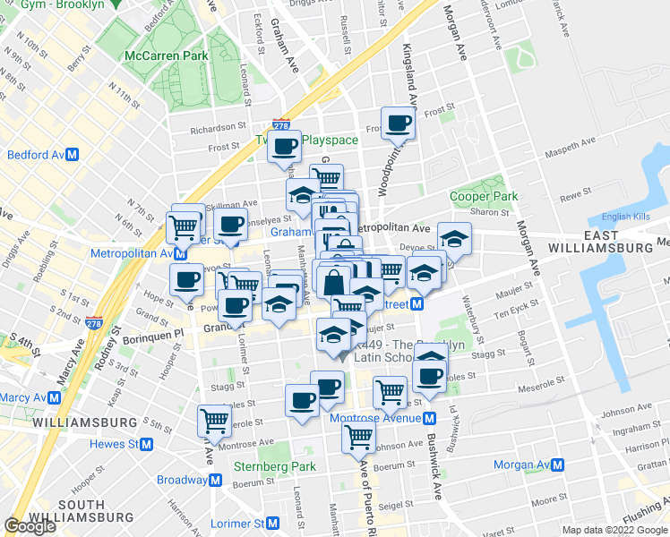 map of restaurants, bars, coffee shops, grocery stores, and more near 260 Ainslie Street in Brooklyn