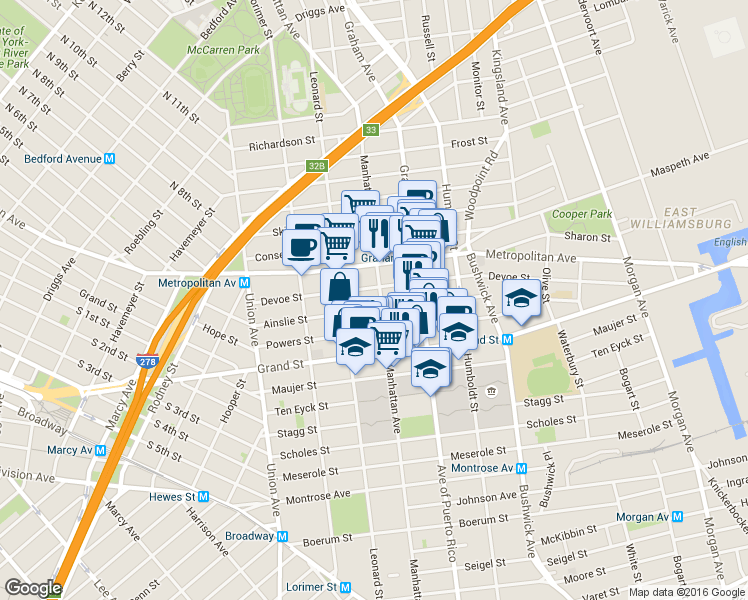 map of restaurants, bars, coffee shops, grocery stores, and more near 207 Ainslie Street in Brooklyn