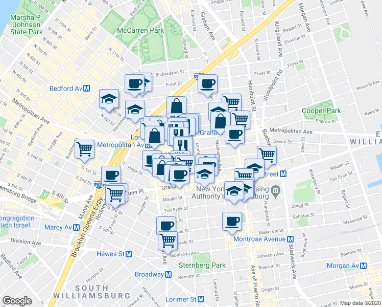 map of restaurants, bars, coffee shops, grocery stores, and more near 149 Ainslie Street in Brooklyn
