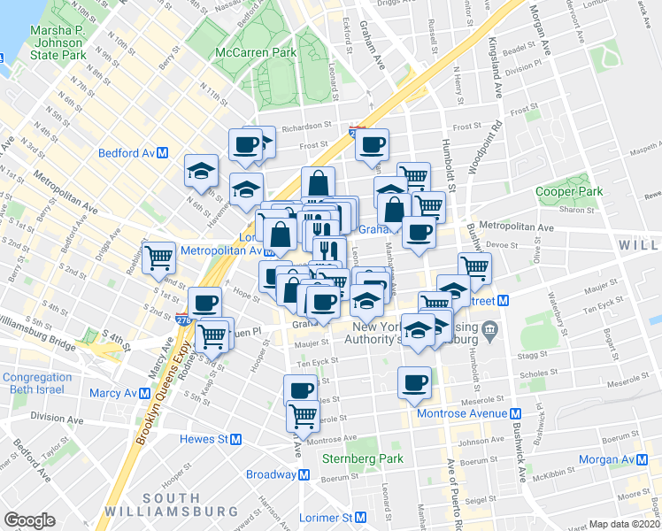 map of restaurants, bars, coffee shops, grocery stores, and more near 147 Ainslie Street in Brooklyn