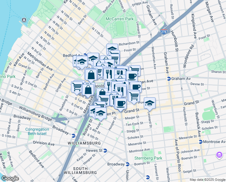 map of restaurants, bars, coffee shops, grocery stores, and more near 45 Ainslie Street in Brooklyn