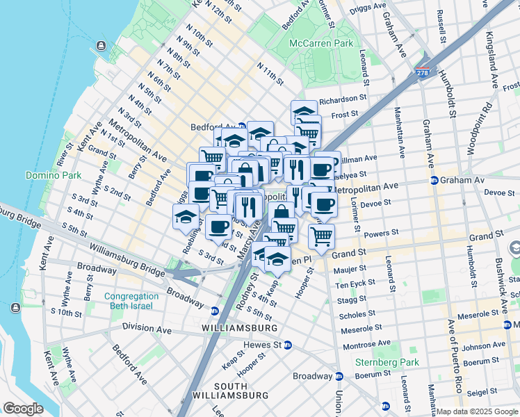 map of restaurants, bars, coffee shops, grocery stores, and more near 28 Marcy Avenue in Brooklyn