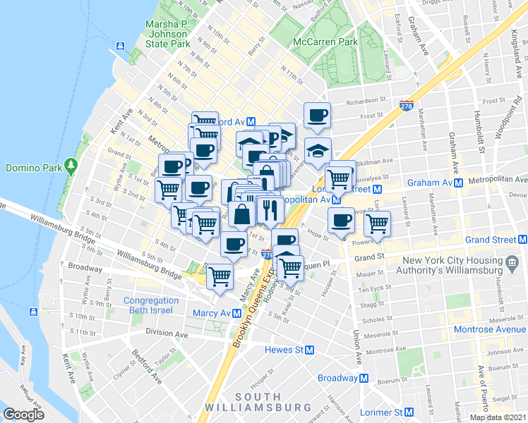 map of restaurants, bars, coffee shops, grocery stores, and more near 62 Hope Street in Brooklyn