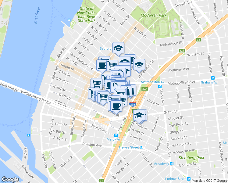 map of restaurants, bars, coffee shops, grocery stores, and more near 131 Havemeyer Street in Brooklyn