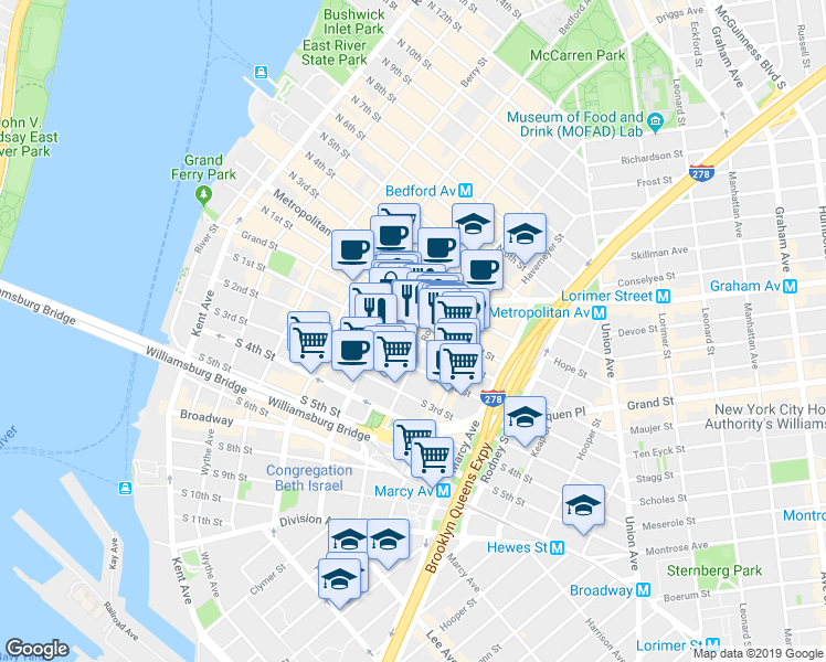 map of restaurants, bars, coffee shops, grocery stores, and more near 175 Roebling Street in Brooklyn