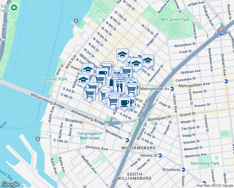 map of restaurants, bars, coffee shops, grocery stores, and more near 175 Roebling Street in Brooklyn