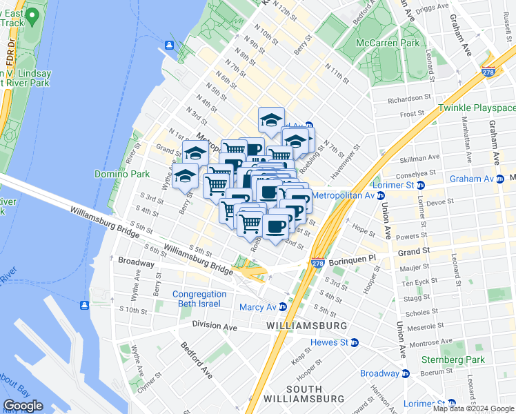 map of restaurants, bars, coffee shops, grocery stores, and more near 175 Roebling Street in Brooklyn