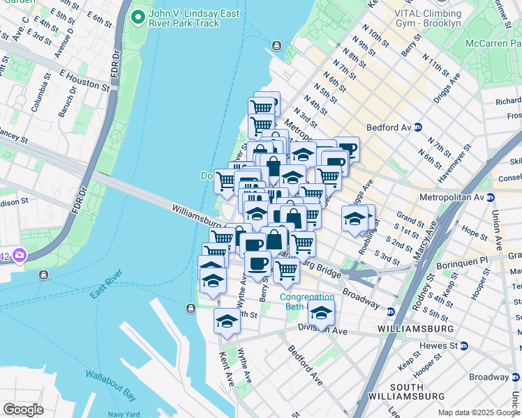 map of restaurants, bars, coffee shops, grocery stores, and more near 36-46 South 4th Street in Brooklyn