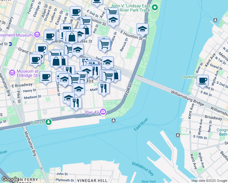 map of restaurants, bars, coffee shops, grocery stores, and more near 457 FDR Drive in New York