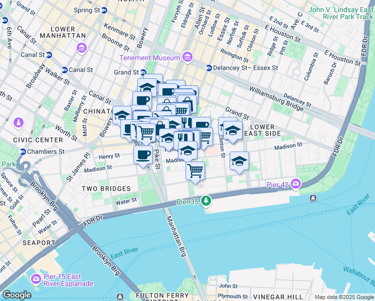 map of restaurants, bars, coffee shops, grocery stores, and more near 26 Rutgers Street in New York