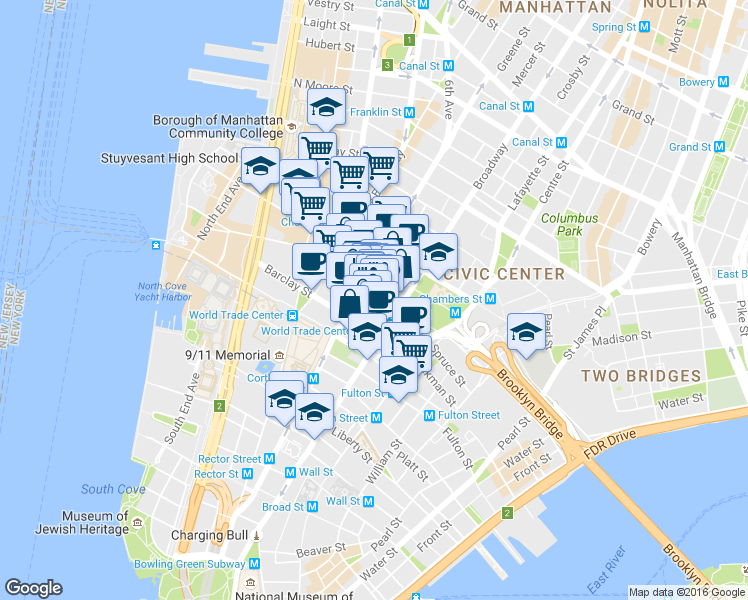 map of restaurants, bars, coffee shops, grocery stores, and more near in New York