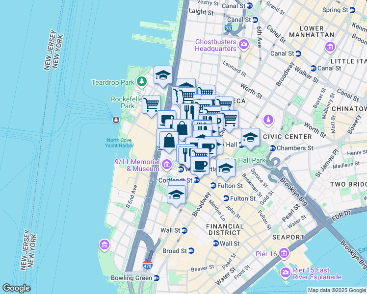 map of restaurants, bars, coffee shops, grocery stores, and more near 250 Greenwich Street in New York