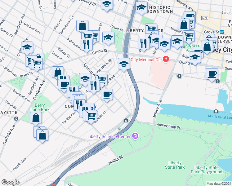 map of restaurants, bars, coffee shops, grocery stores, and more near 293 Pine Street in Jersey City