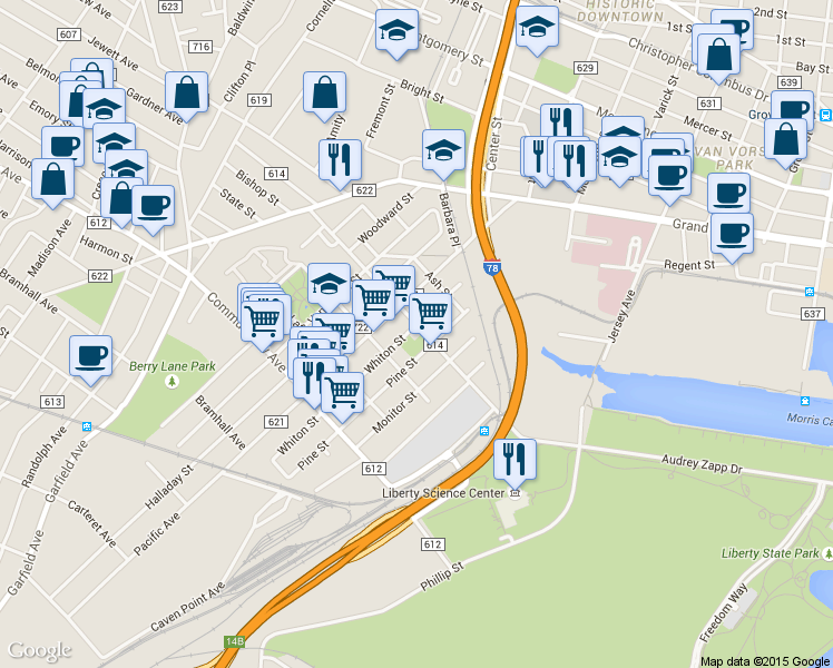 map of restaurants, bars, coffee shops, grocery stores, and more near 293 Pine Street in Jersey City