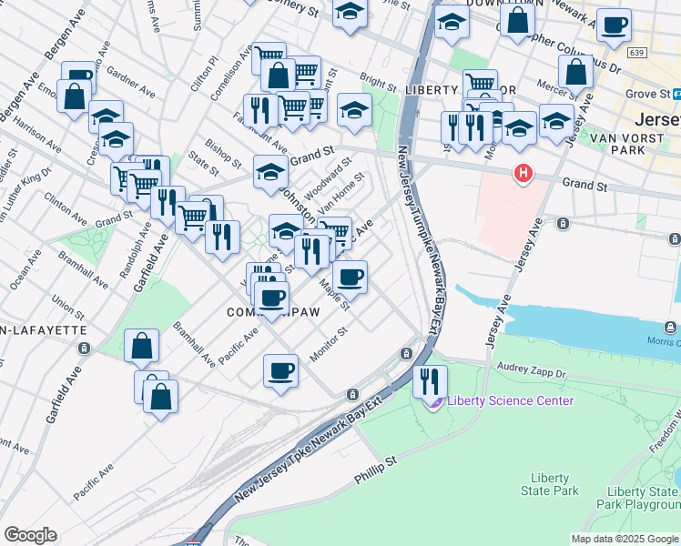 map of restaurants, bars, coffee shops, grocery stores, and more near 361 Whiton Street in Jersey City