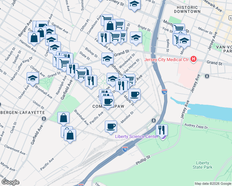 map of restaurants, bars, coffee shops, grocery stores, and more near 357 Pacific Avenue in Jersey City