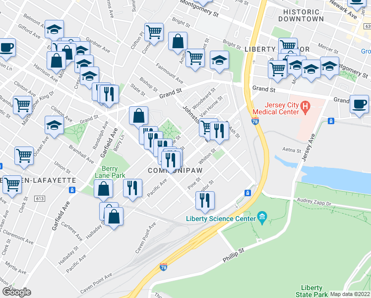 map of restaurants, bars, coffee shops, grocery stores, and more near 357 Pacific Avenue in Jersey City