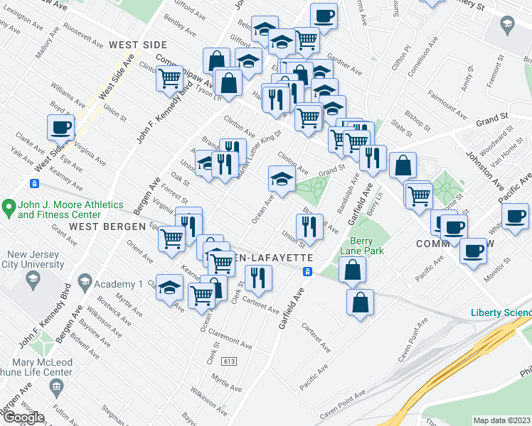 map of restaurants, bars, coffee shops, grocery stores, and more near 68 Union Street in Jersey City