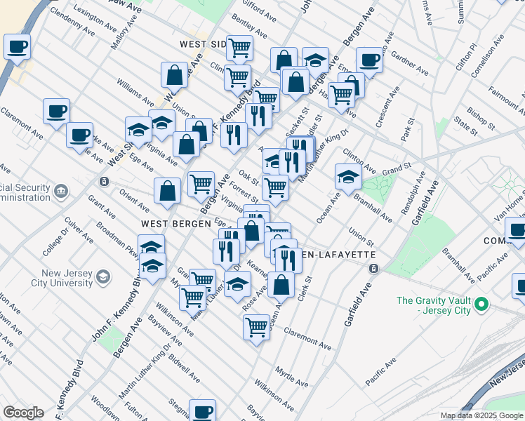 map of restaurants, bars, coffee shops, grocery stores, and more near 315 Forrest Street in Jersey City