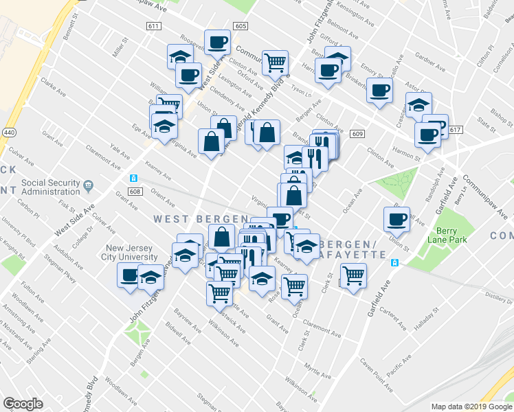 map of restaurants, bars, coffee shops, grocery stores, and more near 95 Virginia Avenue in Jersey City