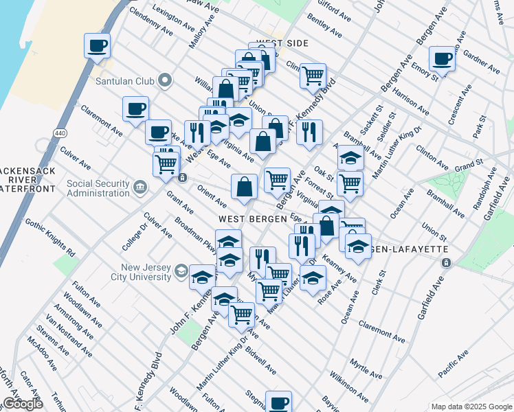 map of restaurants, bars, coffee shops, grocery stores, and more near in Jersey City
