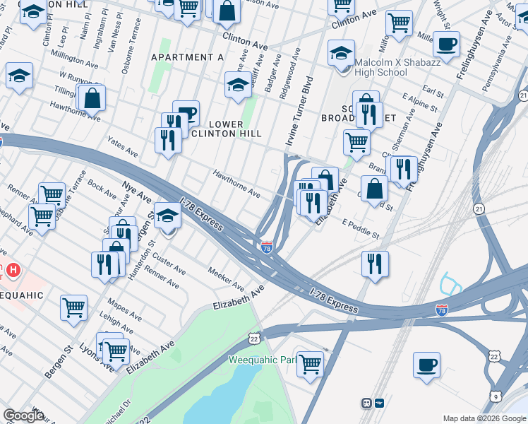 map of restaurants, bars, coffee shops, grocery stores, and more near 598 Irvine Turner Boulevard in Newark