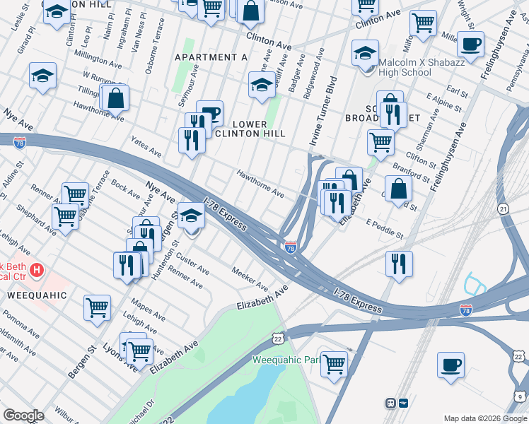 map of restaurants, bars, coffee shops, grocery stores, and more near 303 Ridgewood Avenue in Newark