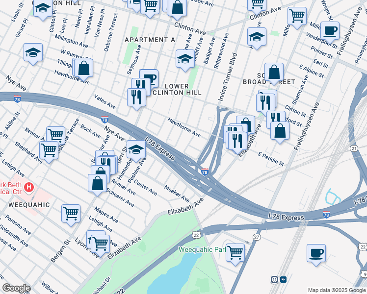 map of restaurants, bars, coffee shops, grocery stores, and more near 303 Ridgewood Avenue in Newark