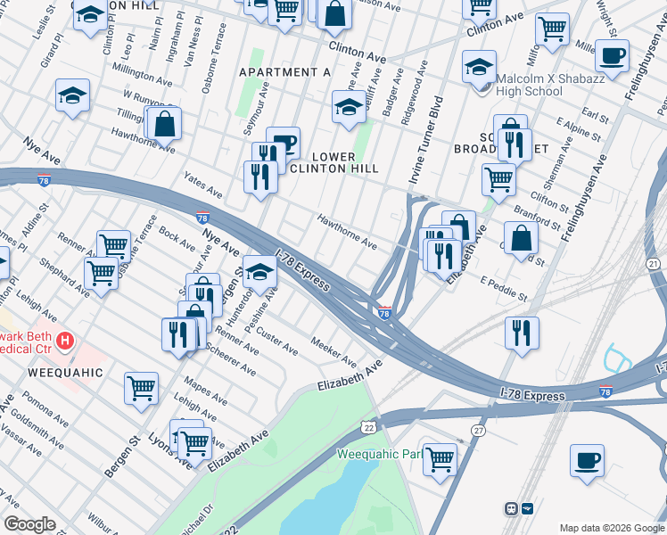 map of restaurants, bars, coffee shops, grocery stores, and more near 303 Ridgewood Avenue in Newark