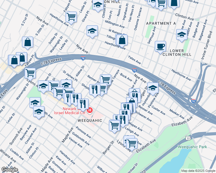 map of restaurants, bars, coffee shops, grocery stores, and more near 249 Renner Avenue in Newark